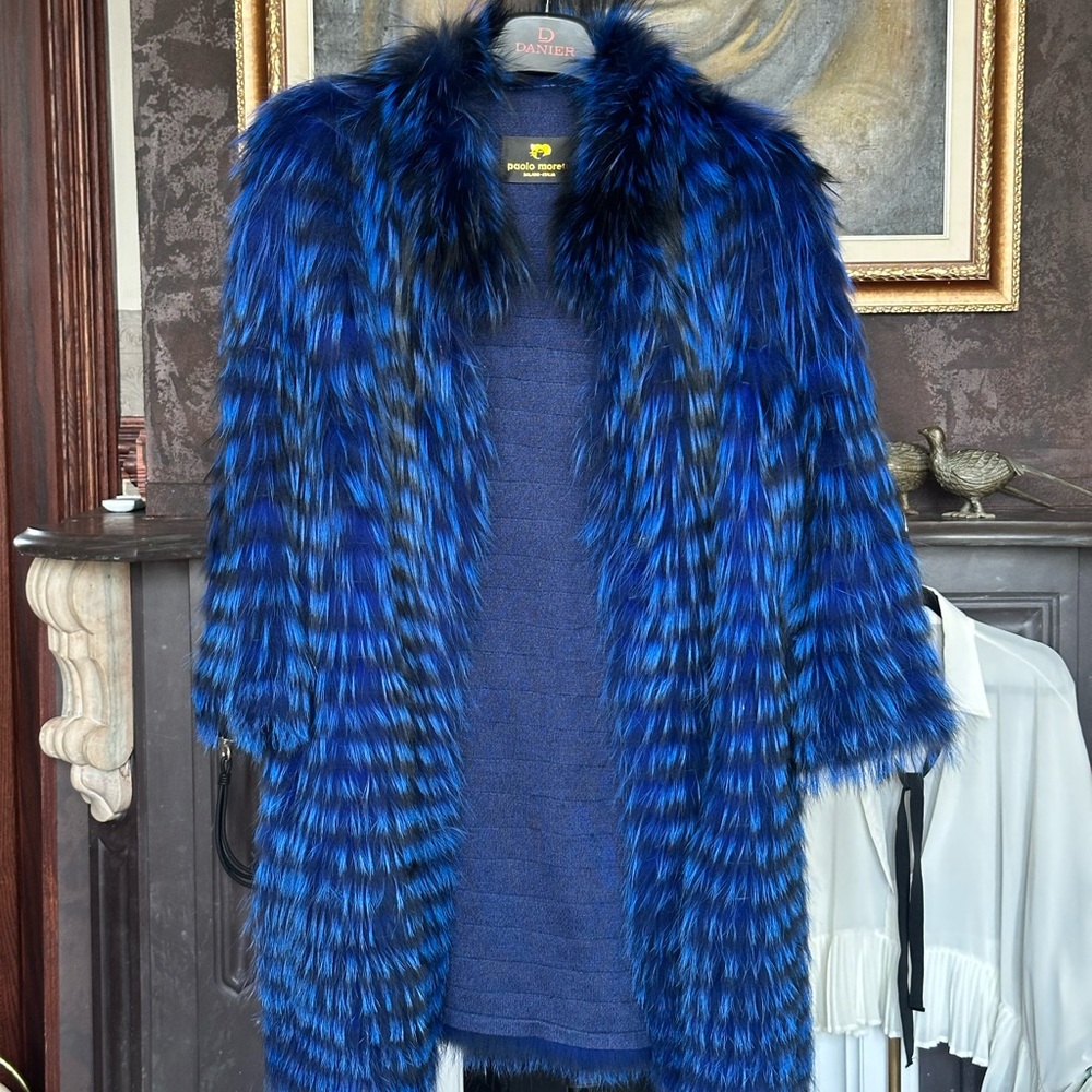 Paolo Moretti Blue Black Fox Fur Jacket 3/4 Sleeve Size 48 - Picture 5 of 9